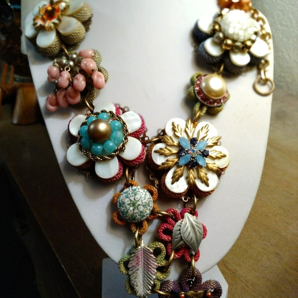 Lenora Dame Pink and Blue Floral Necklace with Vintage Charm